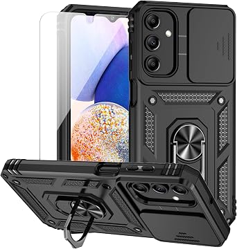 for Samsung Galaxy A15 5G Case with Camera Lens Cover HD Screen Protector, Dual Layer Military-Grade Drop Tested Magnetic Ring Holder Kickstand Protective Phone Case for Samsung Galaxy A15 5G Black