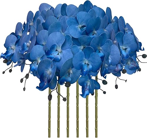 FagusHome Phalaenopsis - Flores artificiales de 32 pulgadas, 6 piezas de orquídeas artificiales para decoración del hogar (azul)