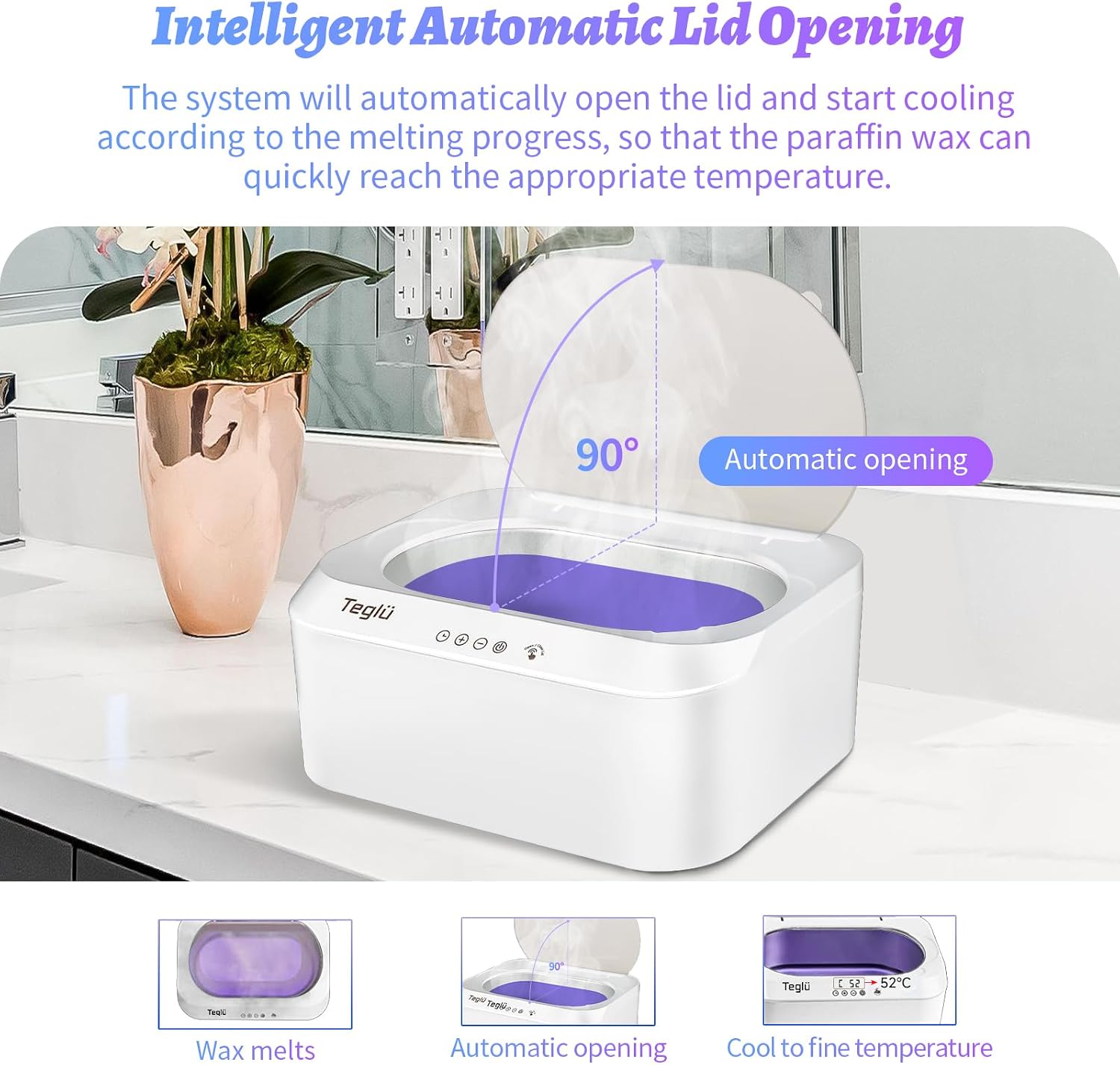 Teglu FHC-2222 paraffin bath with its lid automatically opened at a 90-degree angle, showing melted paraffin wax inside.