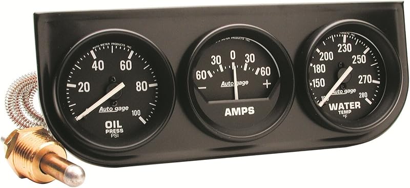 Conjunto de manômetros AUTO METER Autogage 2393 para óleo, amperagem e água com console de aço – 1 unidade