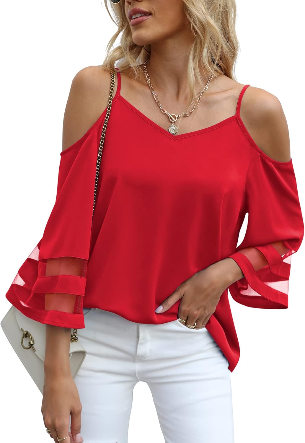 Jouica Womens Summer Cold Shoulder Tops Mesh Panel 3/4 Bell Sleeve Tees Adjustable Spaghetti Strap Loose Fit Shirts