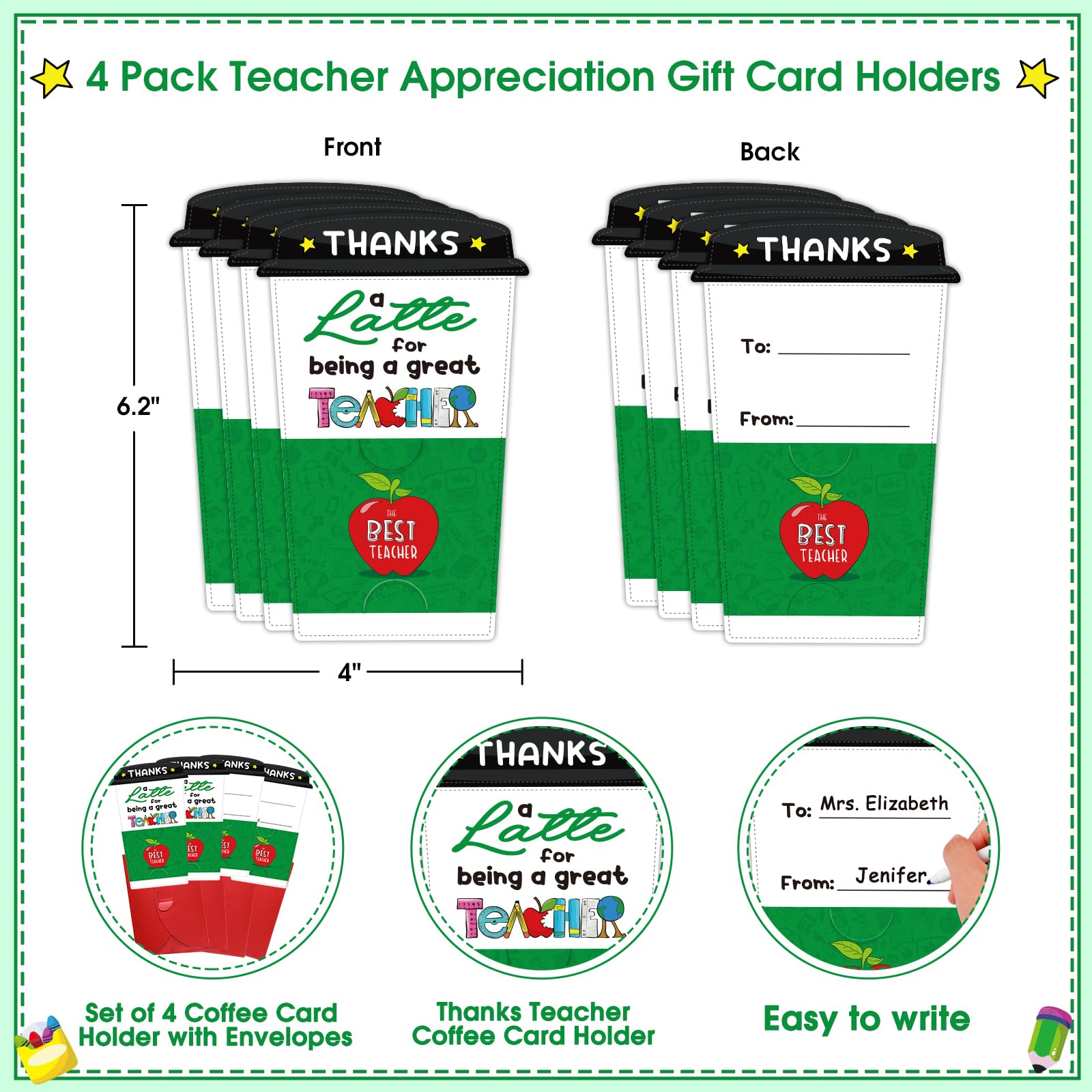 FLYAB Teacher Appreciation Gift Card - 4 Set Teacher Coffee Gift Card Holders with Envelopes Thank You Gifts Holders End of School Year Gifts for Teachers from Students Kids
