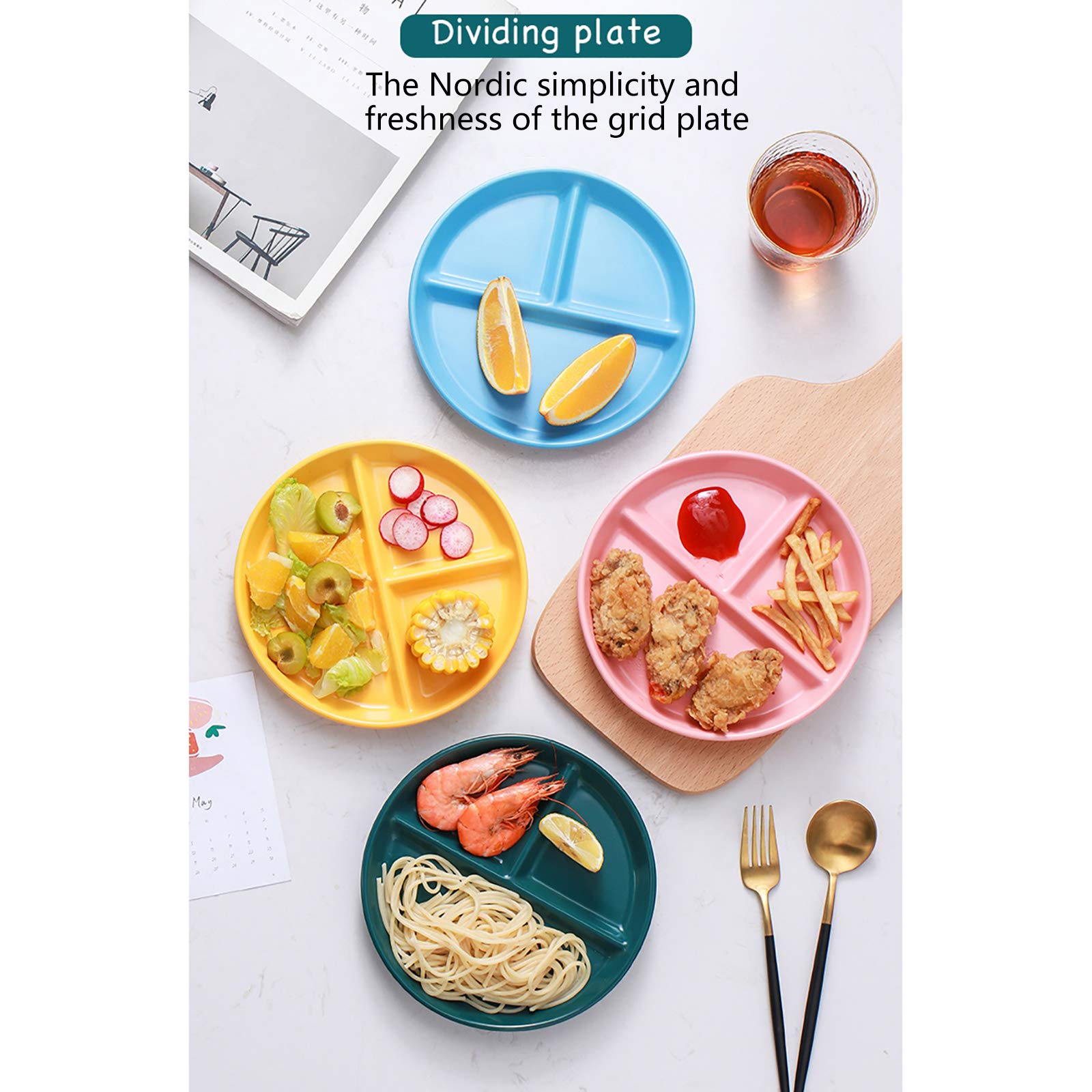 2 PCS Assiette Divisée en Céramique,Assiette Ronde Réutilisable avec Trois Compartiments,Assiettes à Déjeuner,Assiettes à Salade,Vaisselle pour Enfants et Adultes