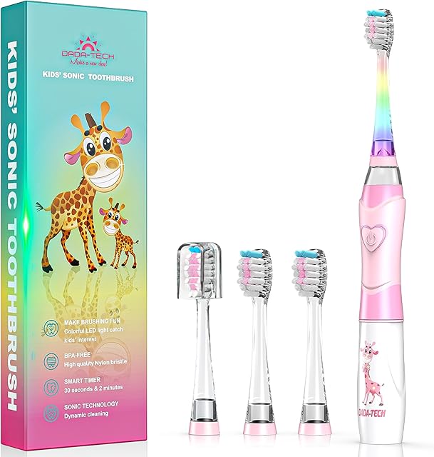 Dada-Tech Kids Electric Toothbrush, Sonic Childrens Battery Powered Soft Tooth Brush with Timer for Junior Boys and Girls Ages 2+, Rainbow Flashing LED Light, Waterproof, 4 Brush Heads (Pink)