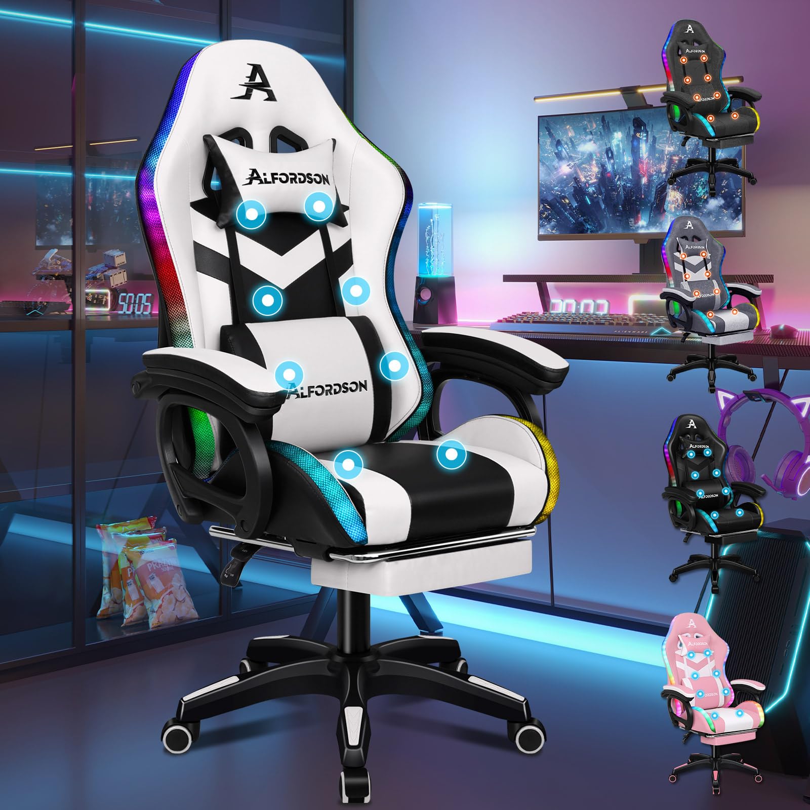 ALFORDSON Gaming Stuhl Gamer Stühle RGB LED Racing Gamer-Stuhl PC-Gaming-Sessel Massage Bürostuhl ergonomisch Fußstützen, Schreibtischstuhl, Neigungswinkel 90-150°,180 kg belastbar, Weiß