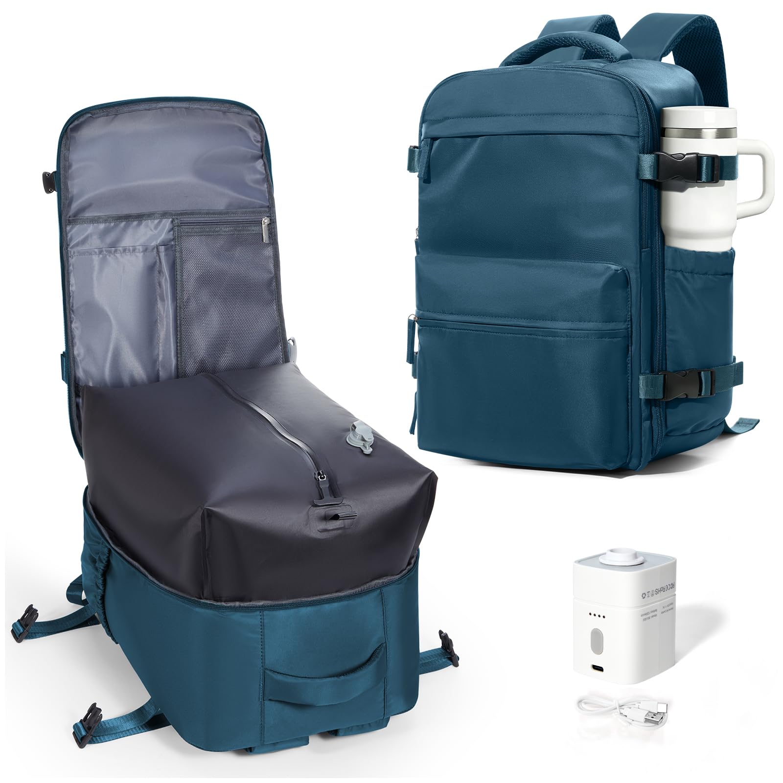 BOXSAM Zaino Viaggio Sottovuoto Impermeabile Bagaglio a Mano Aereo Blu | Zaino da Viaggio con Pompa Integrata per PC Portatile Uomo Donna Adatto per Viaggi Lavoro Affari Tempo Libero