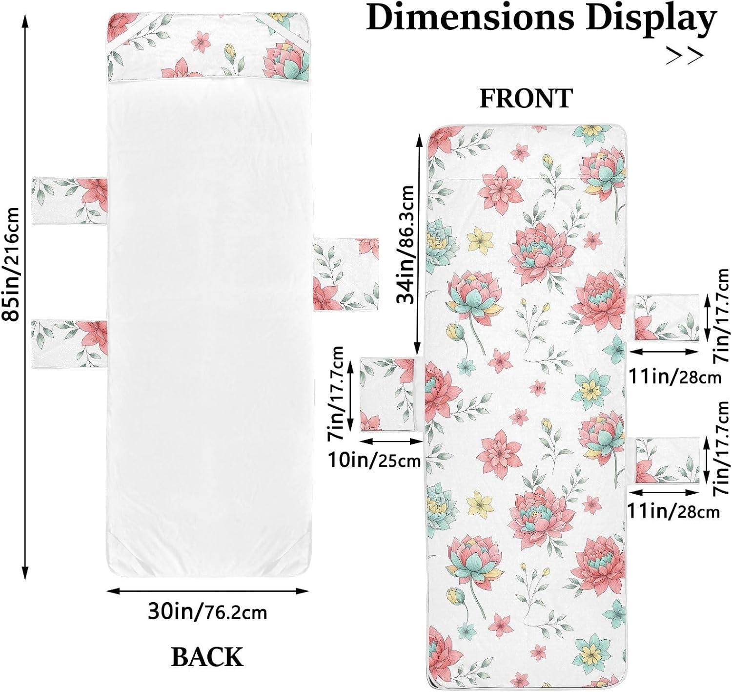 Flower Lounge Chair Towel Cover with Side Pockets – 85x30in Foldable Chaise Cover for Beach, Pool, Patio, Spa