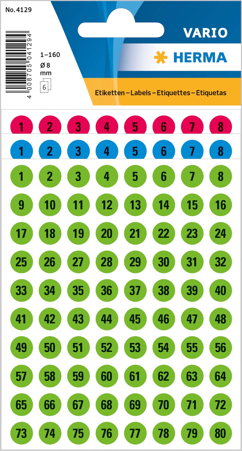 HERMA 4129 pegatinas con números negros del 1 al 160, redondas, 480 unidades, diámetro de 8 mm, autoadhesivas, pequeñas, mate, números adhesivos, números de casa, de papel para pegar, multicolor