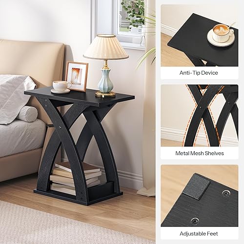 Miniatura 9 de HOOBRO Juego de 2 mesas auxiliares estrechas X-Design con estante de almacenamiento, mesitas de noche delgadas para espacios pequeños, sala de