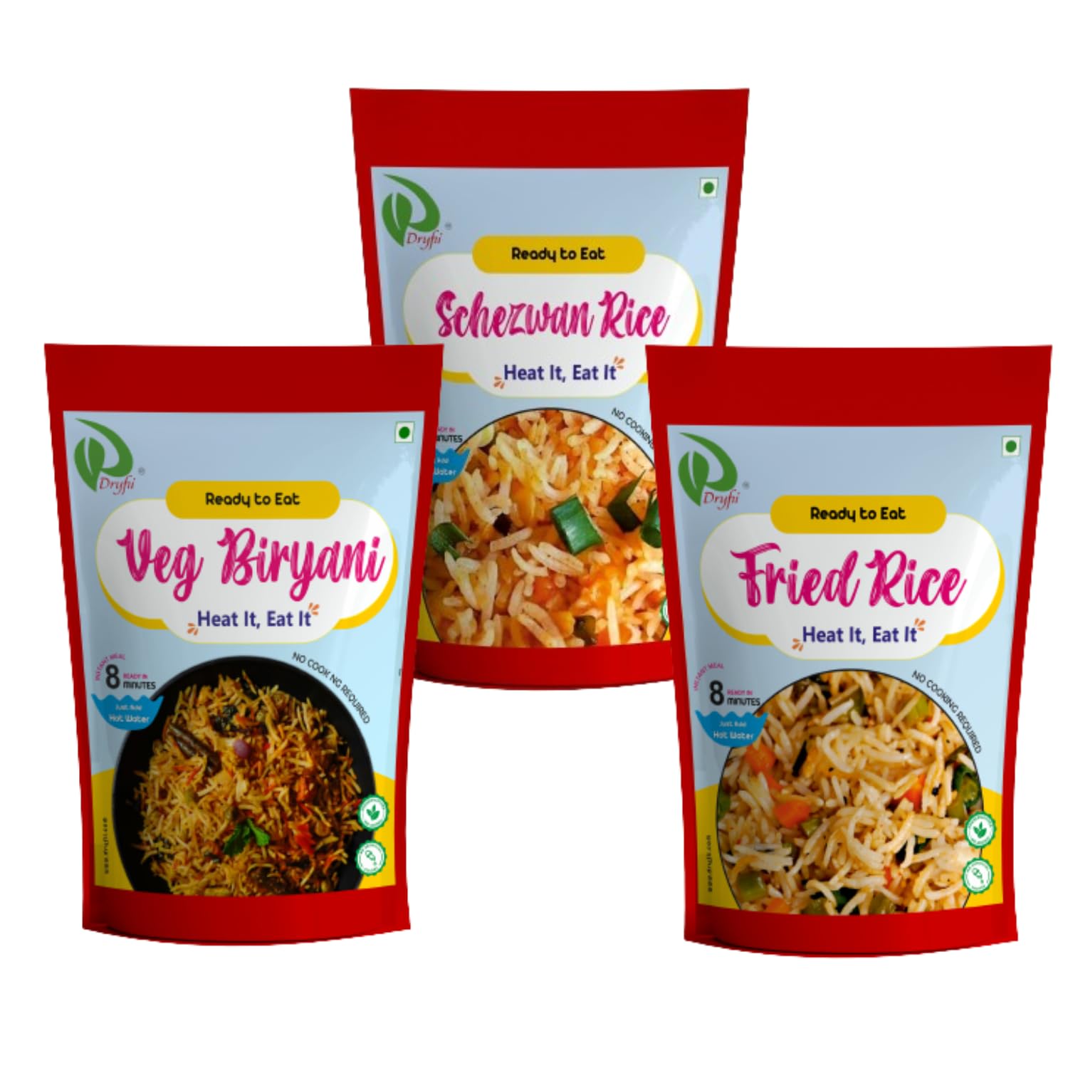 Dryfii Ready-to-Eat-Food | Instant Dehydrated | Combo Pouch Meal Fried Rice (75g), Schezwan Rice (75g) & Veg Biryani (75g)| Rehydrated Weight 500g (B0CKHMNDJB) Amazon Price History, Amazon Price Tracker