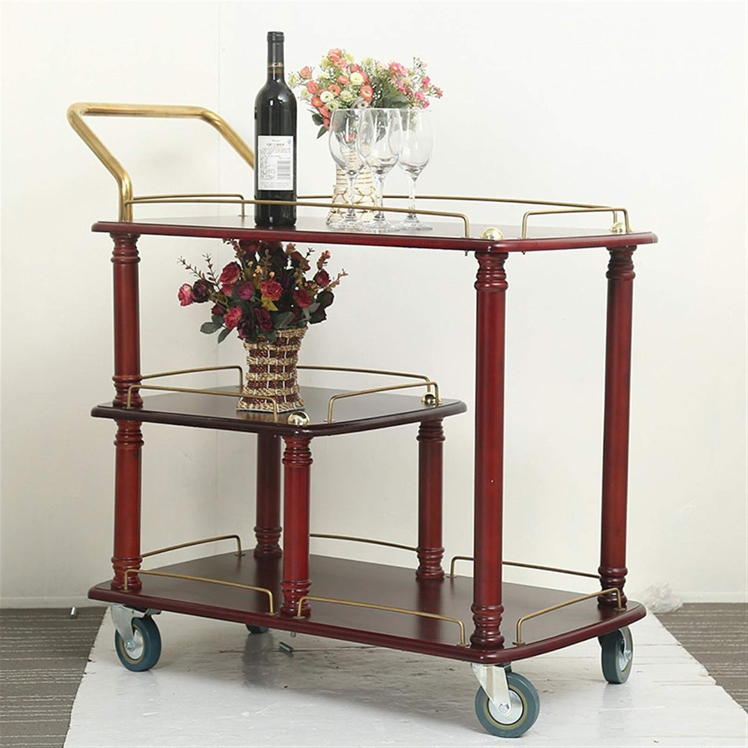 Rolling Kitchen Serving Cart Bar Buffet Cart, 3 Tier Storage Shelf on Wheels, Solid Wood and Metal Home bar carts Kitchen cart with Storage