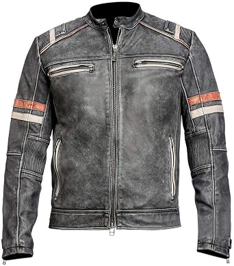 Mens Classic Vintage Elite Cafe Racer Retro Motorcycle Distressed Biker Moto Stripe Leather Jacket for men