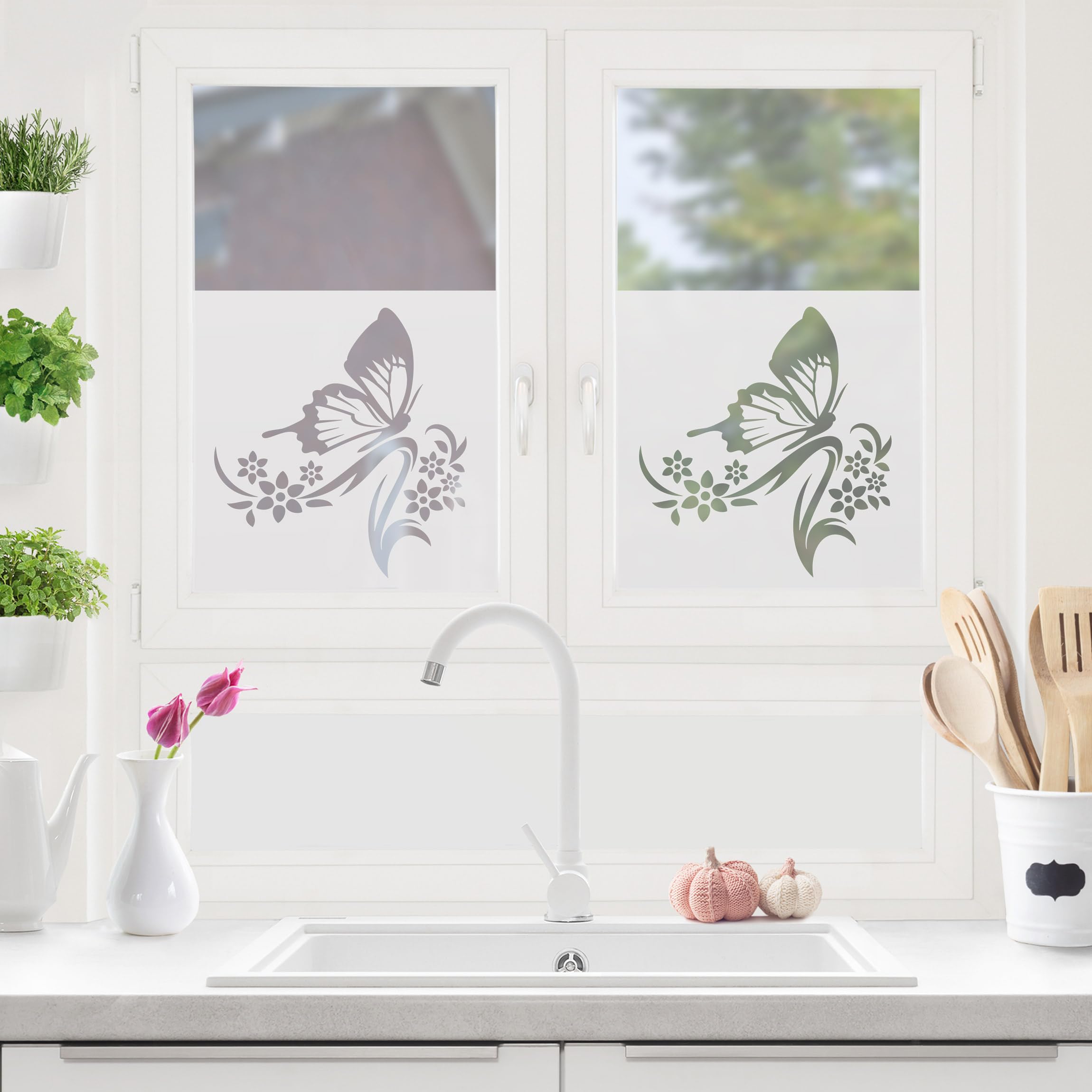 Fensterfolie statisch haftend Blumen Sichtschutz Milchglas - Made in Germany - Schmetterlinge Modern Blickdicht Scheibe Innen Schlafzimmer Wohnzimmer Küche Glas 1673 (60x60cm)