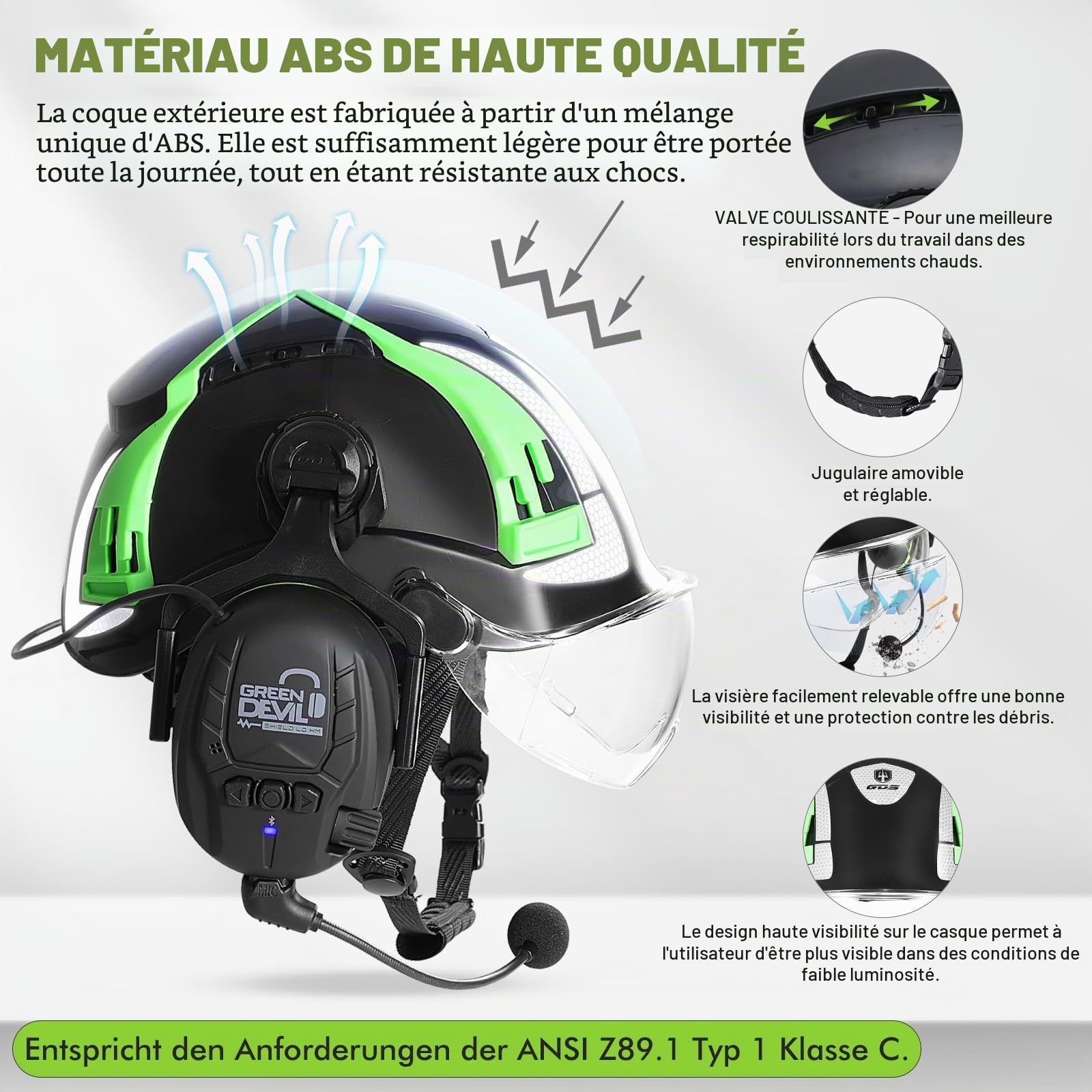 GREEN DEVIL X-Armor Casque de protection avec protection auditive active et visière transparente - Casque de sécurité ABS EN 397 - Conforme à la norme EN352 SNR 32 dB avec Bluetooth