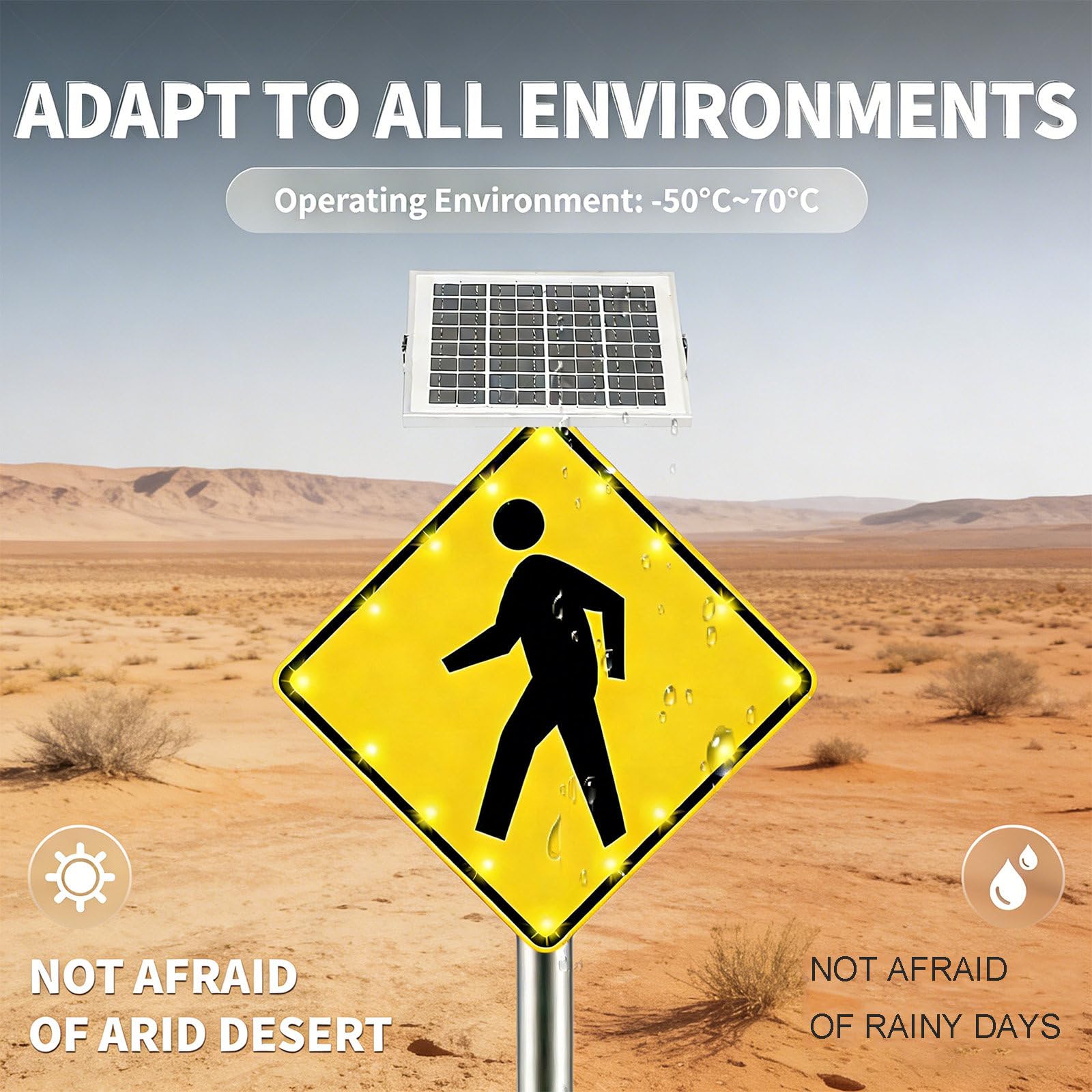 Señal Peatonal Solar con Luz LED Intermitente, 60x60cm o 75x75cm, Cartel de Reduzca Velocidad con Lámina Reflectante de Alta Intensidad, Marco de Aluminio Resistente para Seguridad Vial 24inches