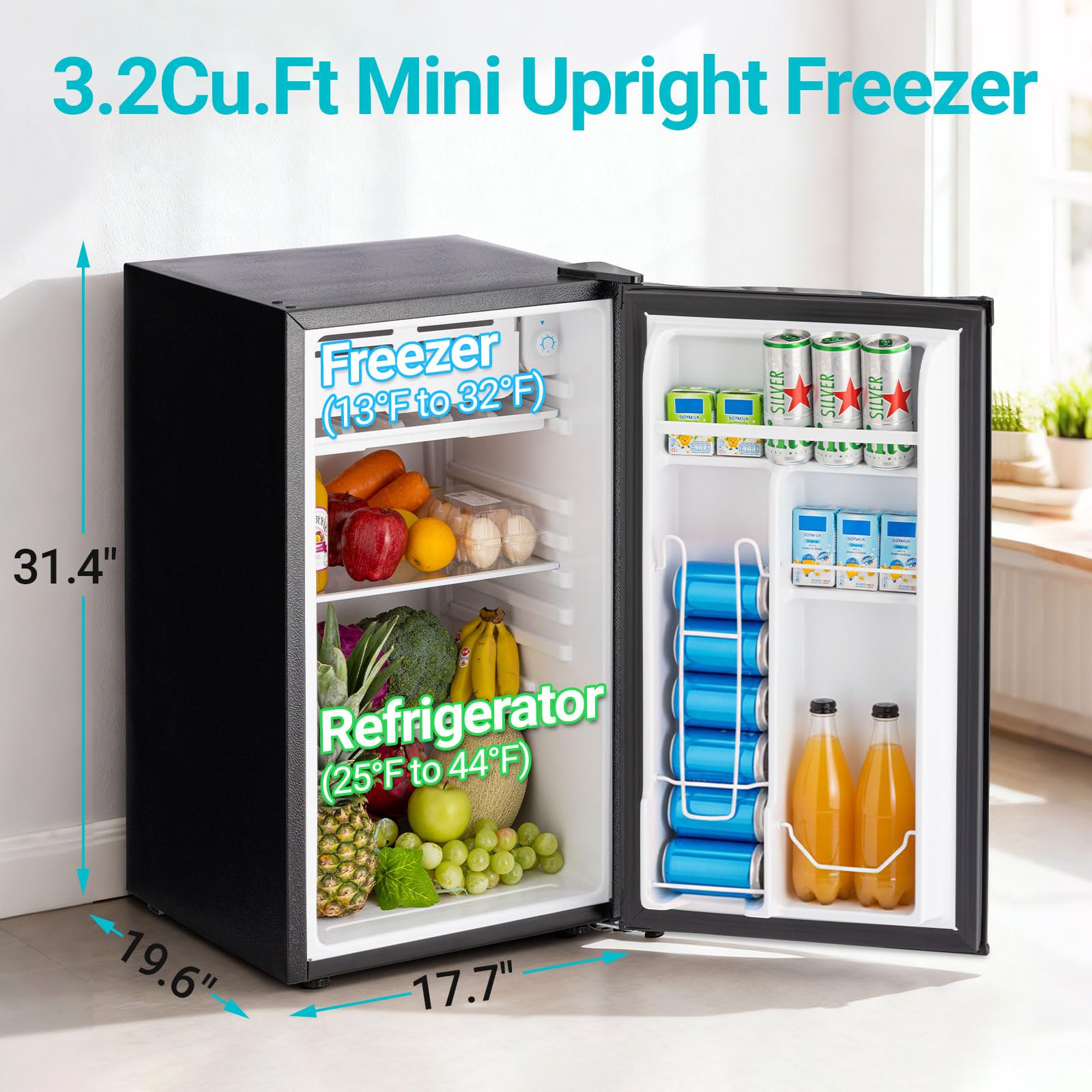 Stopsad 3.2 Cu.Ft Mini Fridge with Freezer, Single Door Small Refrigerator, Dorm Fridge with 7 Adjustable Thermostat, Energy Saving, Low Noise, Compact Refrigerator for Office, Bedroom, Dorm, Black