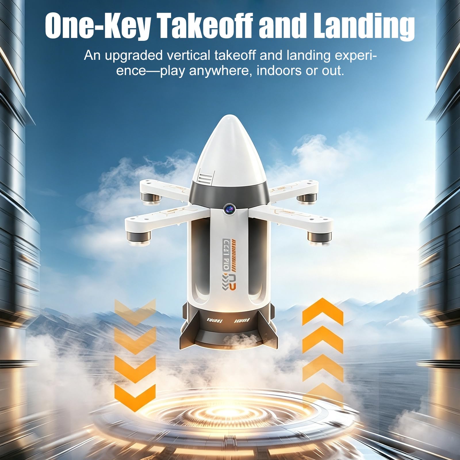 Fernbedienung Rakete Stil Drohne Kinder Spielzeug, Remote Control Drone | Spray und LED Leuchten, Bürstenloser Motor, 2 Akku, Start/Landung mit Einem Klick, 2.4GHz RC Flugzeuge Drinnen Draußen