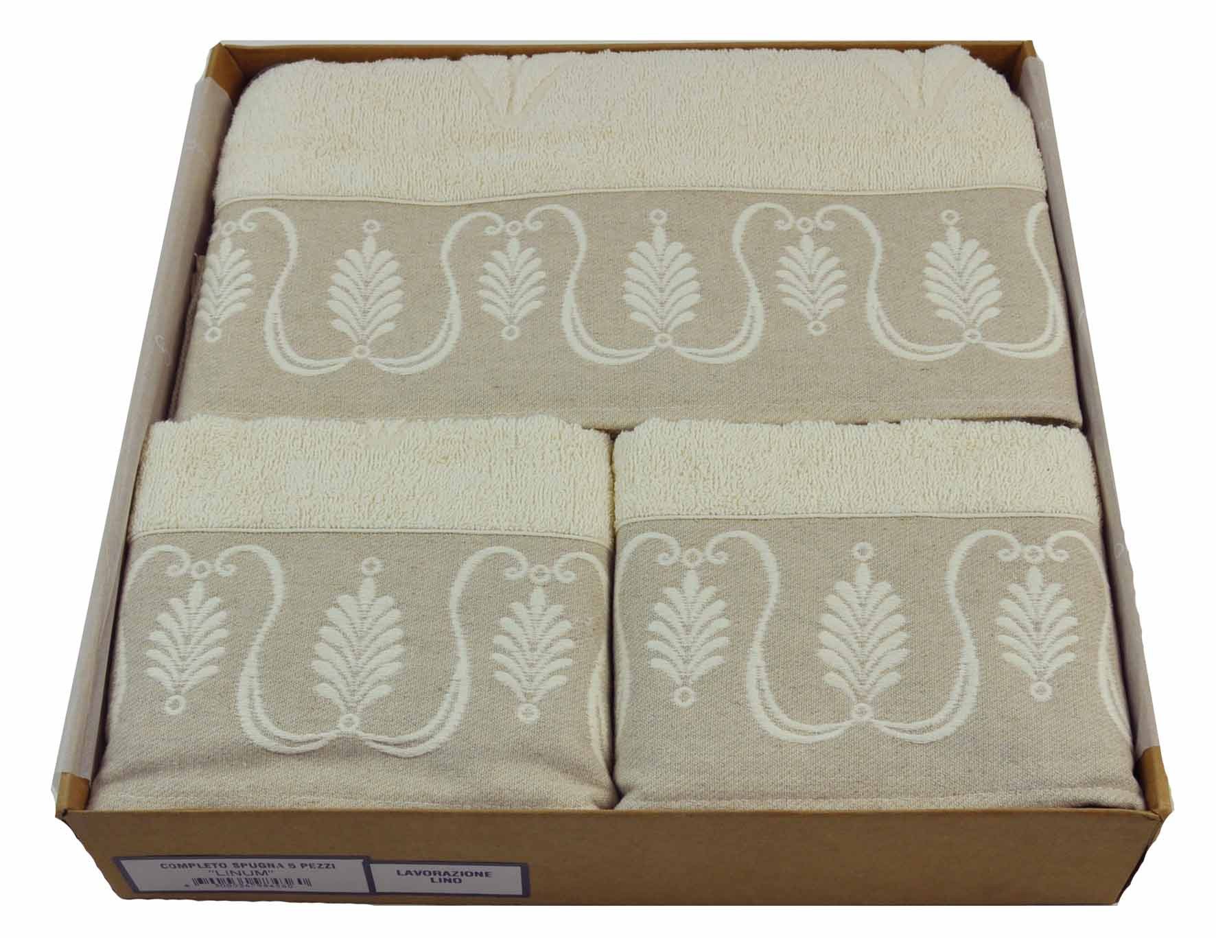 Casatessile Linum Naturale Set 5 pz di Asciugamani in Spugna Cotone Set 5 Pezzi Asciugamani Bagno in Cotone