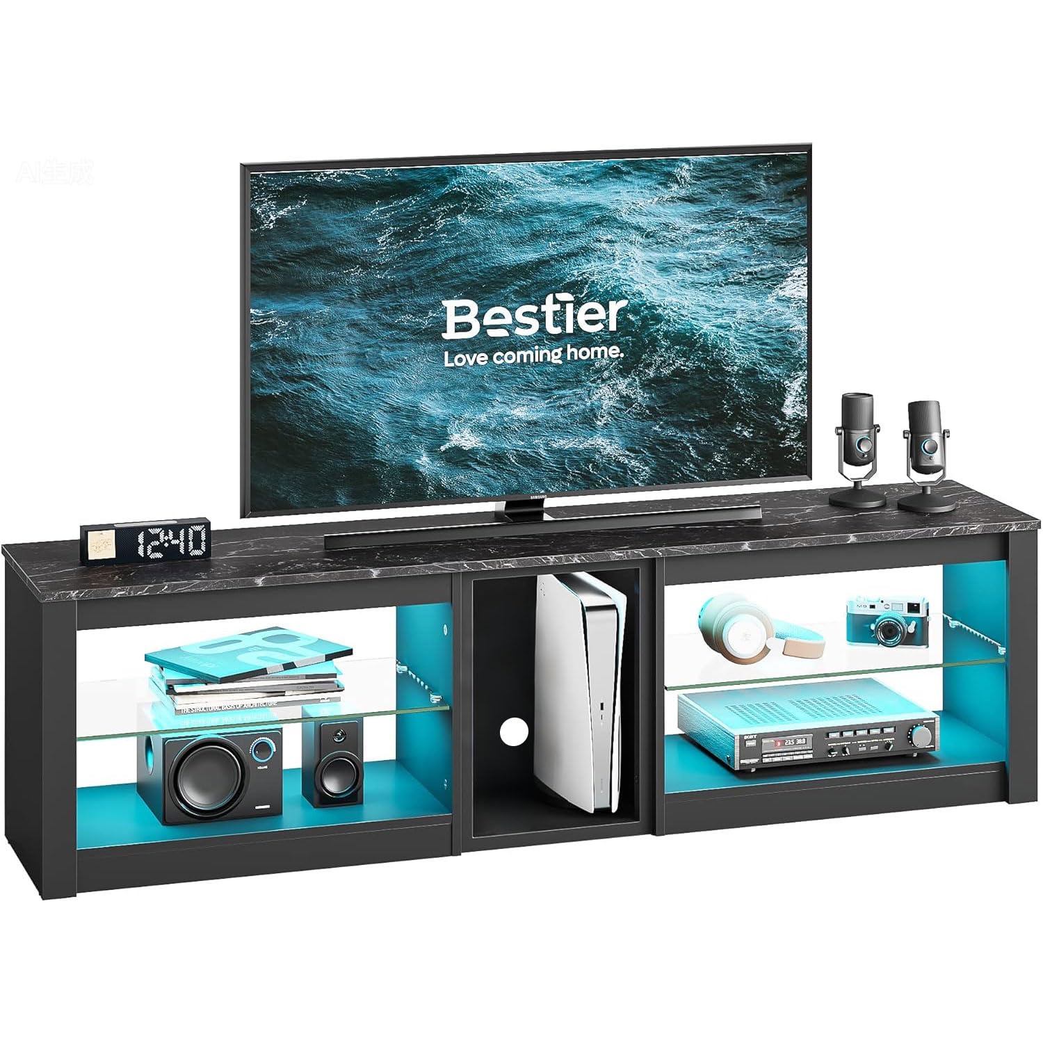 Bestier TV-Schrank, Lowboard für 65 Zoll & kleinere TVs, 160 x 35 x 52 cm, Fernsehschrank mit RGB-LED-Leuchten, Fernsehtisch mit integriertes Kabelmanagement, verstellbare Glasschale