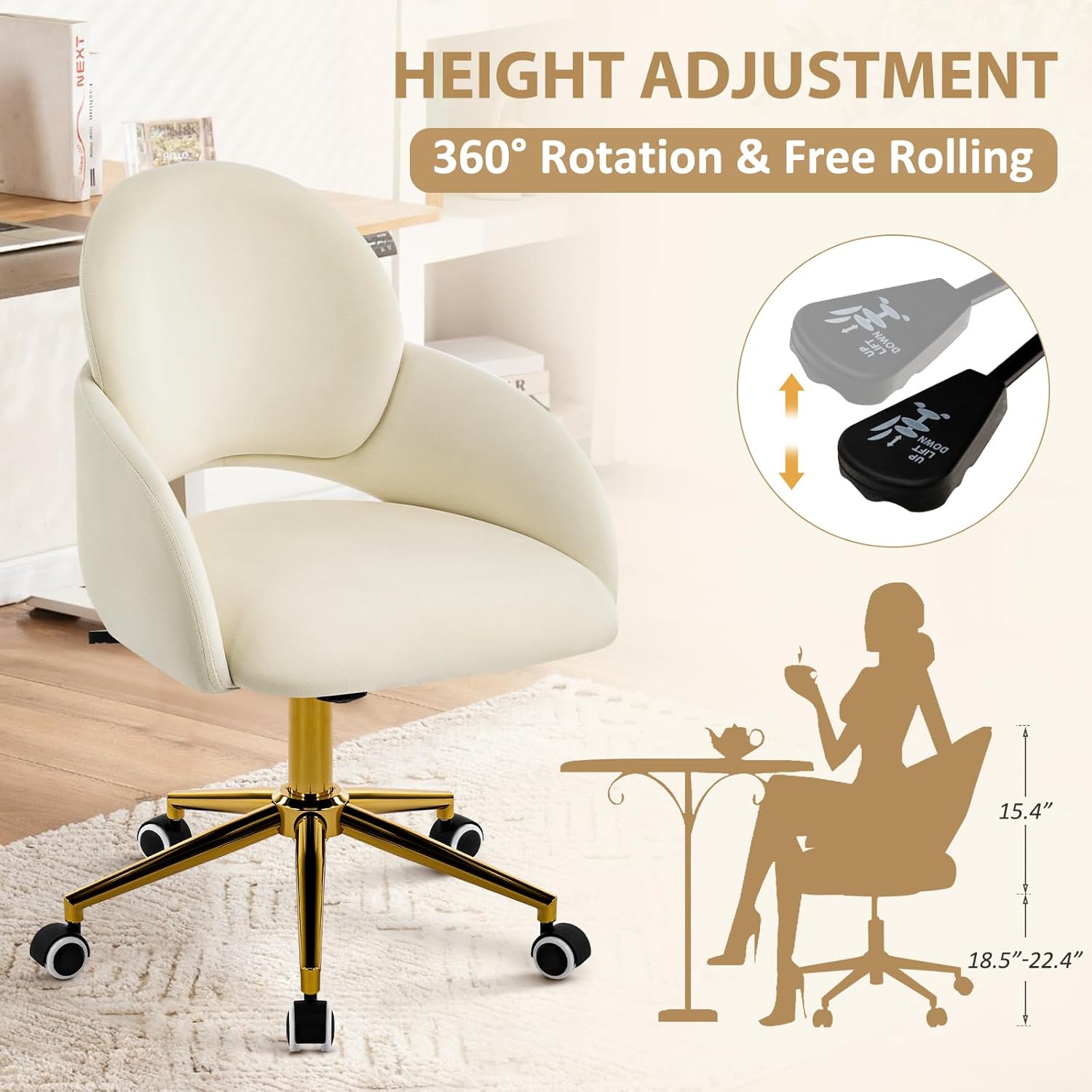 Furniliving Vanity Chair with Wheels, Cute Upholstered Office Chair with Hollow-Out Back, Height Adjustable Rockable Accent Chair with Gold Metal Base for Bedroom, Makeup Room, or Living Room (White)