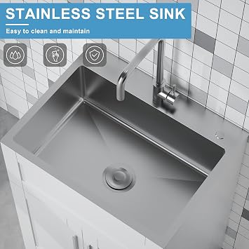 Utility Sink with Cabinet 24 Inch Laundry Room Sink Cabinet 304 Stainless Steel Sink Combo White