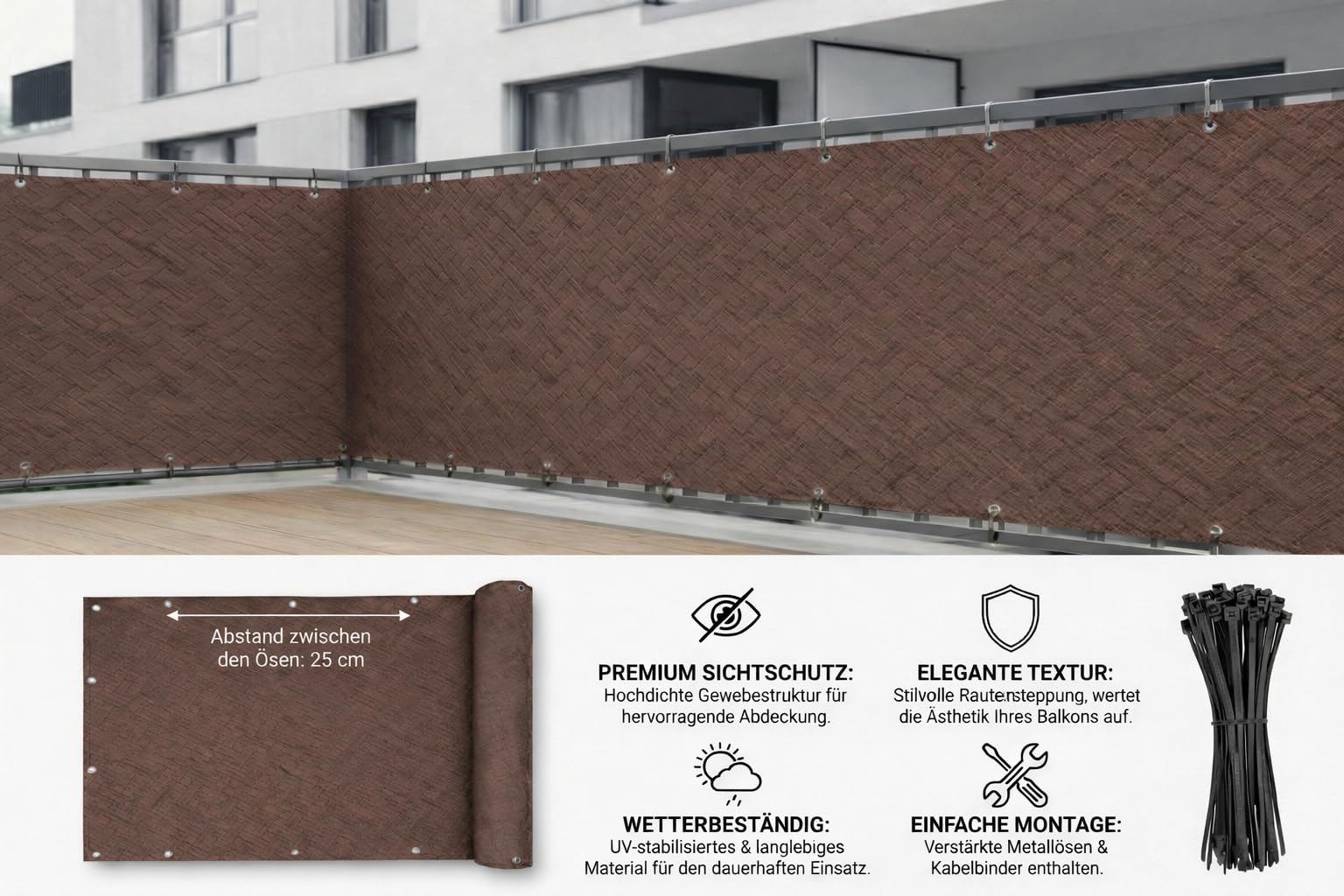 COVER IT Frangivista per Balcone Premium 240 g/m² su Misura 70 cm – Frangivista con Trama Goffrata per Balcone, terrazza e ringhiera, Marrone