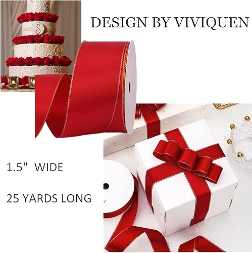 Miniatura 2 de VIVIQUEN Cinta de satén roja de doble cara con borde dorado, cinta continua de poliéster de 1-12 pulgadas, 25 yardas, cinta ancha para envolver