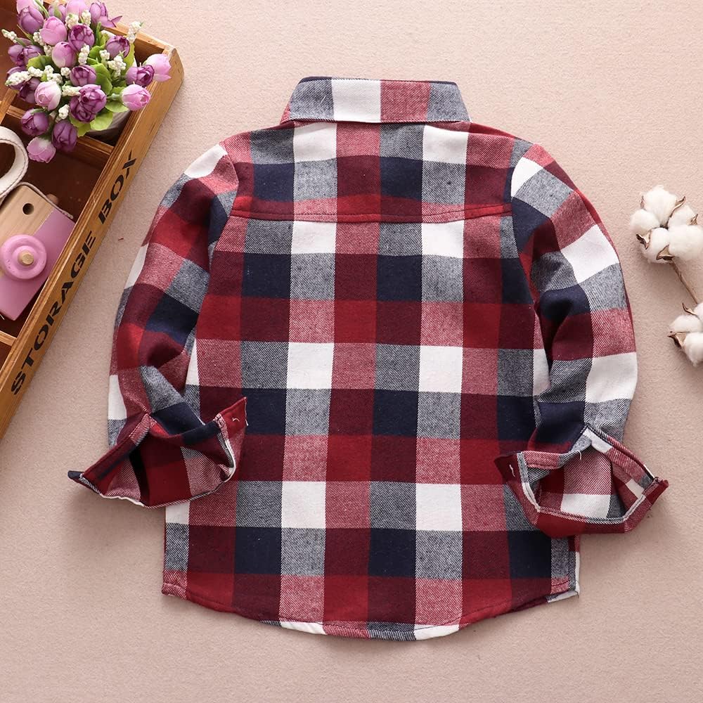 Toddler Kids Baby Boys Girls Flannel Plaid Shirt Long Sleeve Button Down Tops Outfits - Image 3