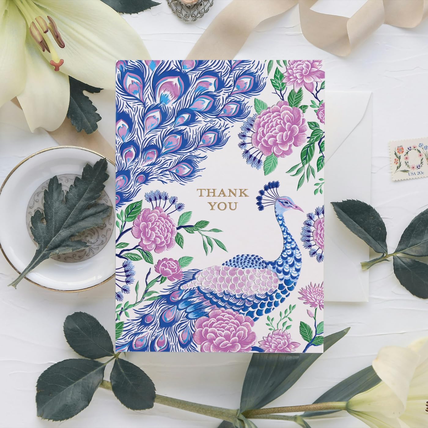 Punch Studio Thank You Cards with Envelopes - Embossed 12-Count Luxe Boxed Notecards, Peacock with Gold Foil