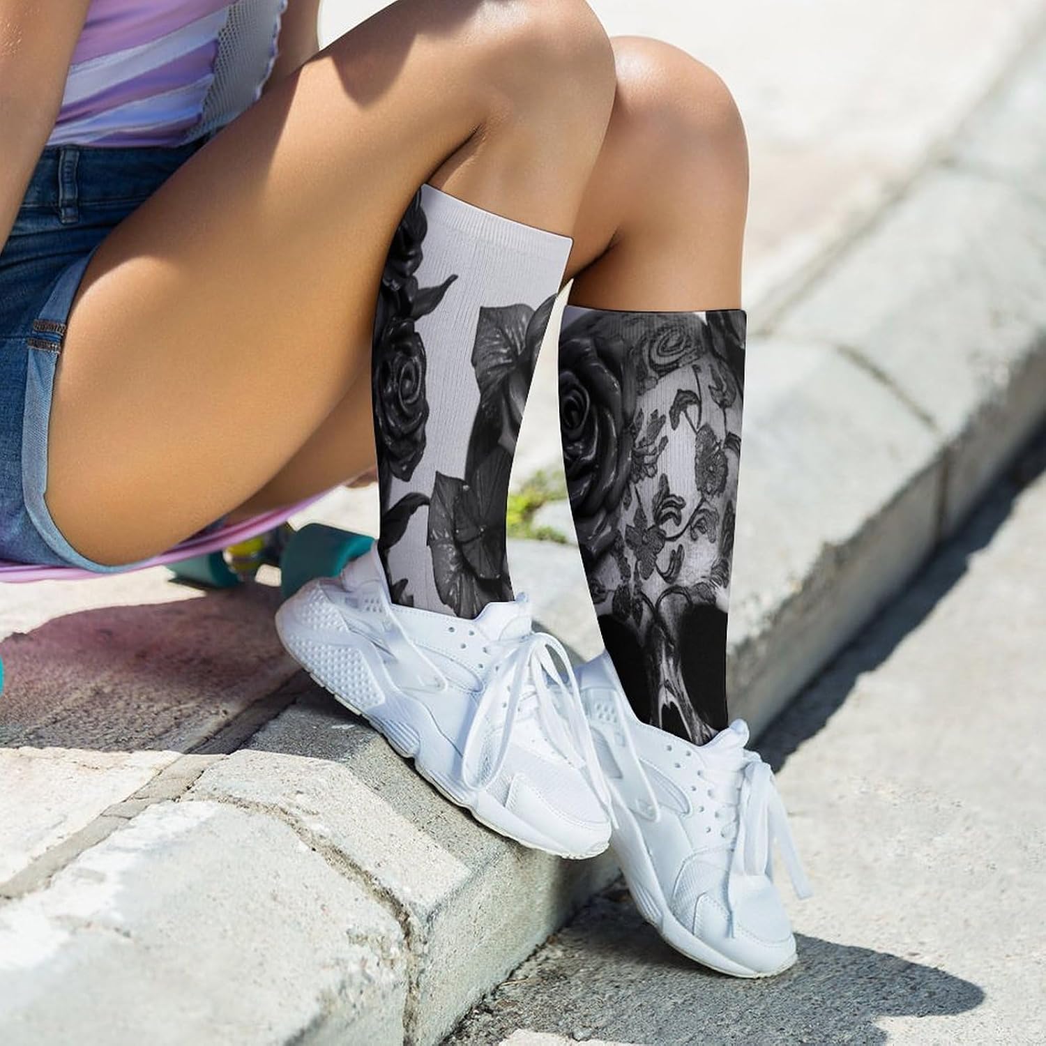 Black Skull Rose Crew Socks Soft Thermal Socks | Socks for Men Women-Casual Wicking,High Stocking for Sports Running-Long Thin Tube Sports Breathable