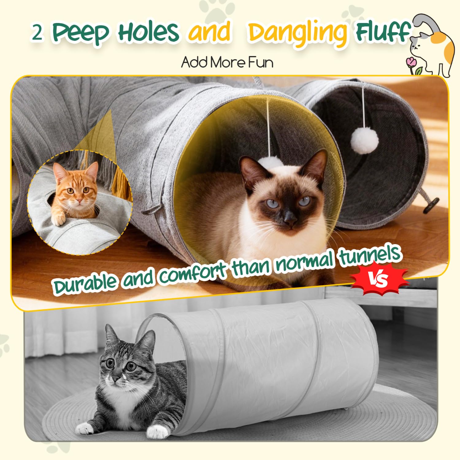 Nobleza Túnel para Gatos – Túnel de Juego Plegable de Tela Oxford Resistente, con Caña de Pescar y Agujeros de Espía para Diversión Interactiva en Interiores, Cactus