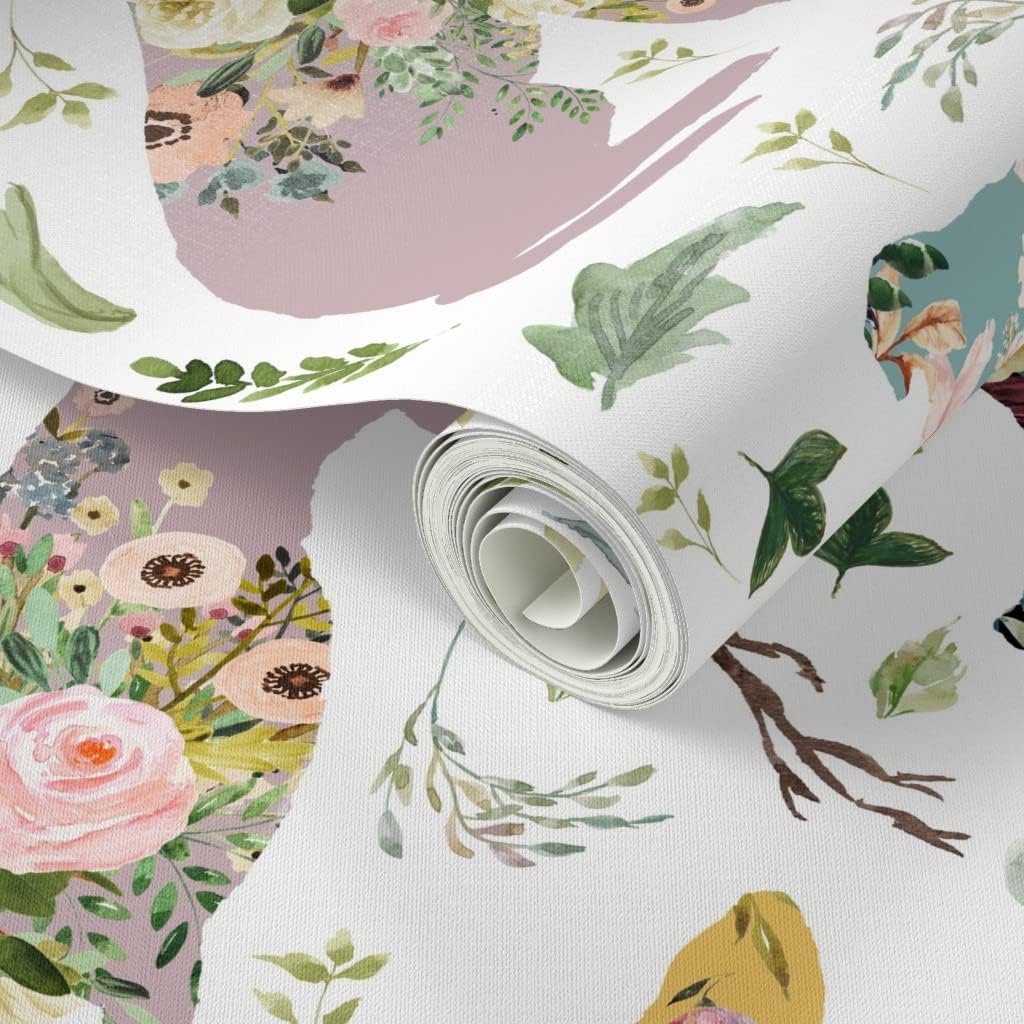 Peel & Stick Wallpaper 3ft x 2ft - Patchwork Dogs Blue Yellow Floral Animals Baby Girls Silhouette Custom Removable Wallpaper by Spoonflower