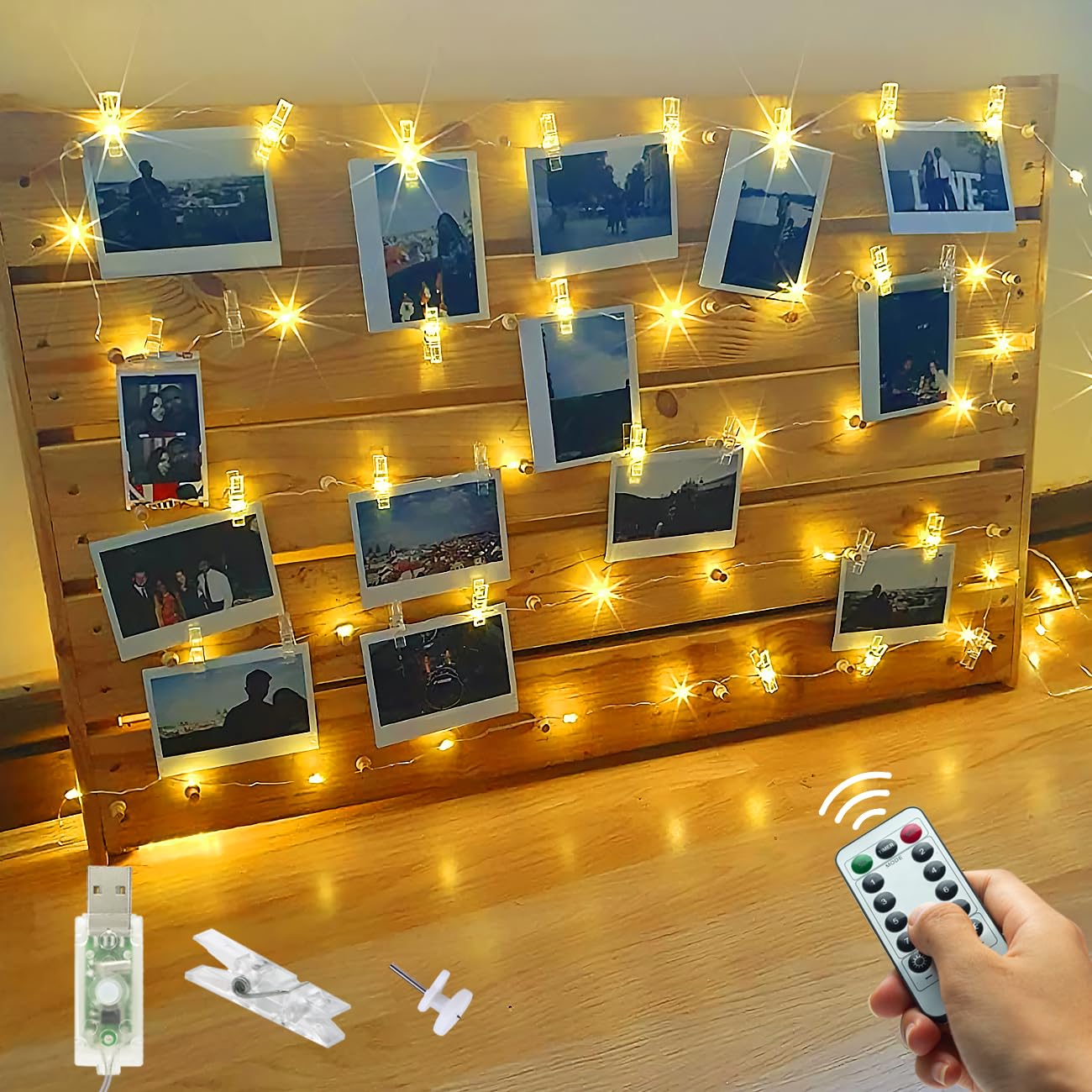 litogo 12M 120LEDs Fotoclips Lichterkette, Warmweiß 8 Modi USB Lichterkette mit Fernbedienungen, für Zimmer Deko Fotos Wand mit 60 Klammern Bilder für Wohnzimmer, Weihnachten, Hochzeiten, Party