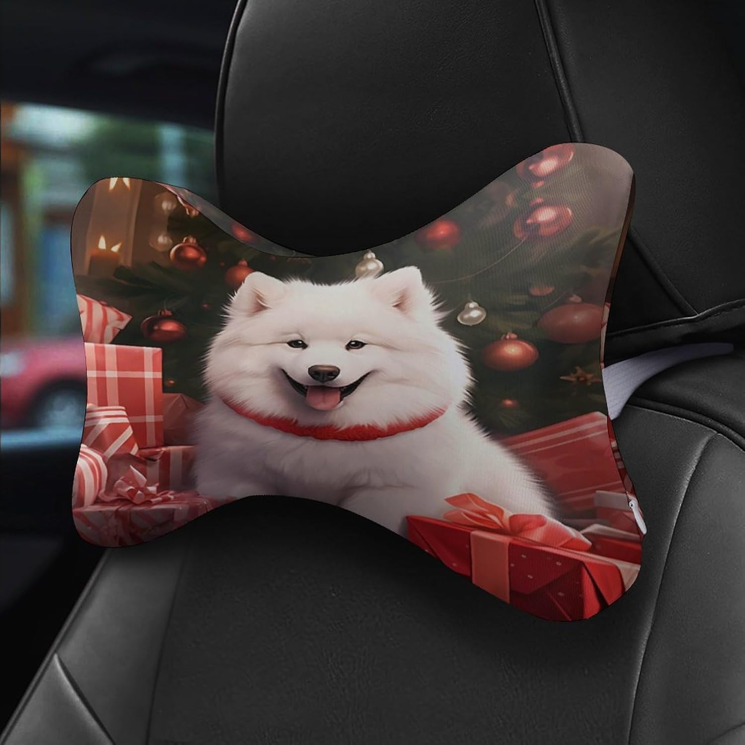 Christmas Samoyed Dog 2 Pack Car Neck Pillow Car Headrest Soft Car Pillow for Most Cars