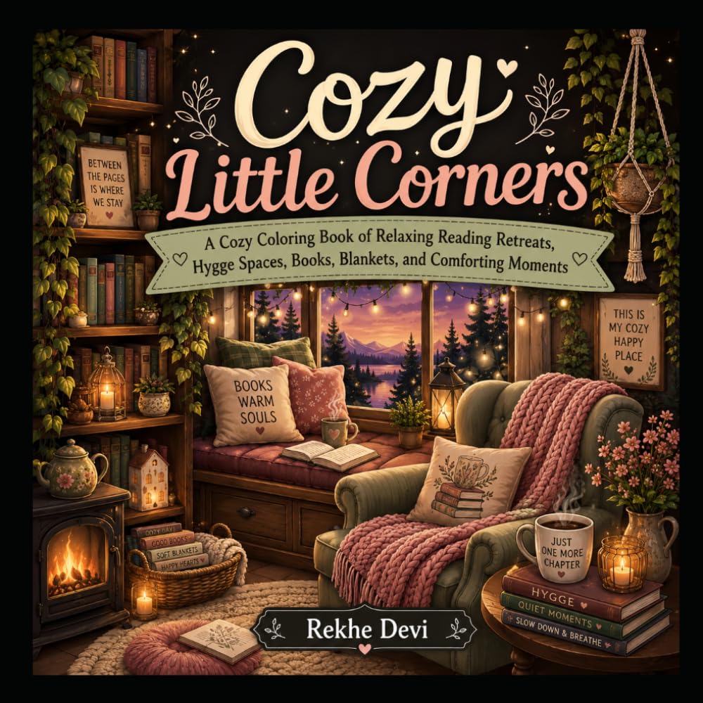 Cozy Little Corners: 50 Cozy Coloring Pages Featuring Reading Nooks, Warm Bookshelves, Tea Time, Hygge Spaces, and Relaxing Escapes (Creative Adventures for Kids)