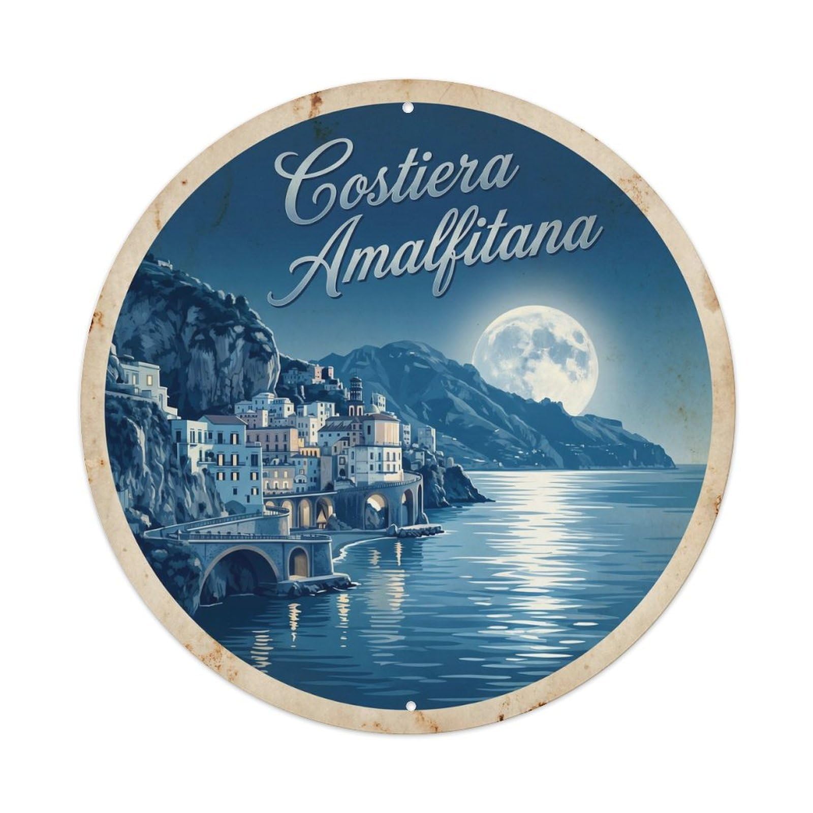 Vintage Travel Italian Coastal Moonlight Scenic Metal Tin Sign Plaque
