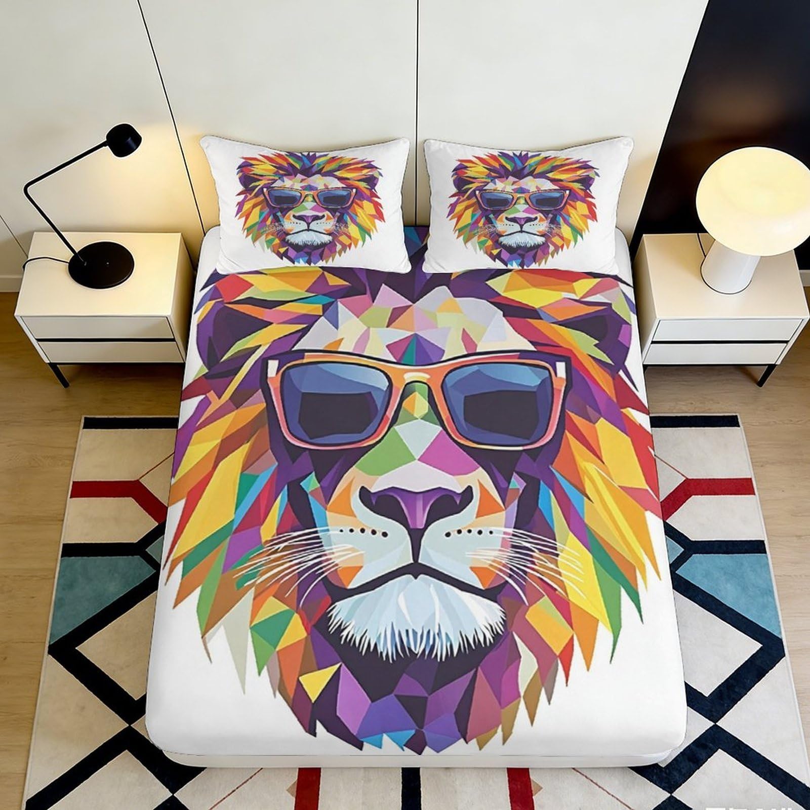 3D Printed Colorful Lion Fitted Sheet Microfiber Soft Breathable Sunglasses Mattress Cover for Bedroom Dorm Decor 90x200x25cm