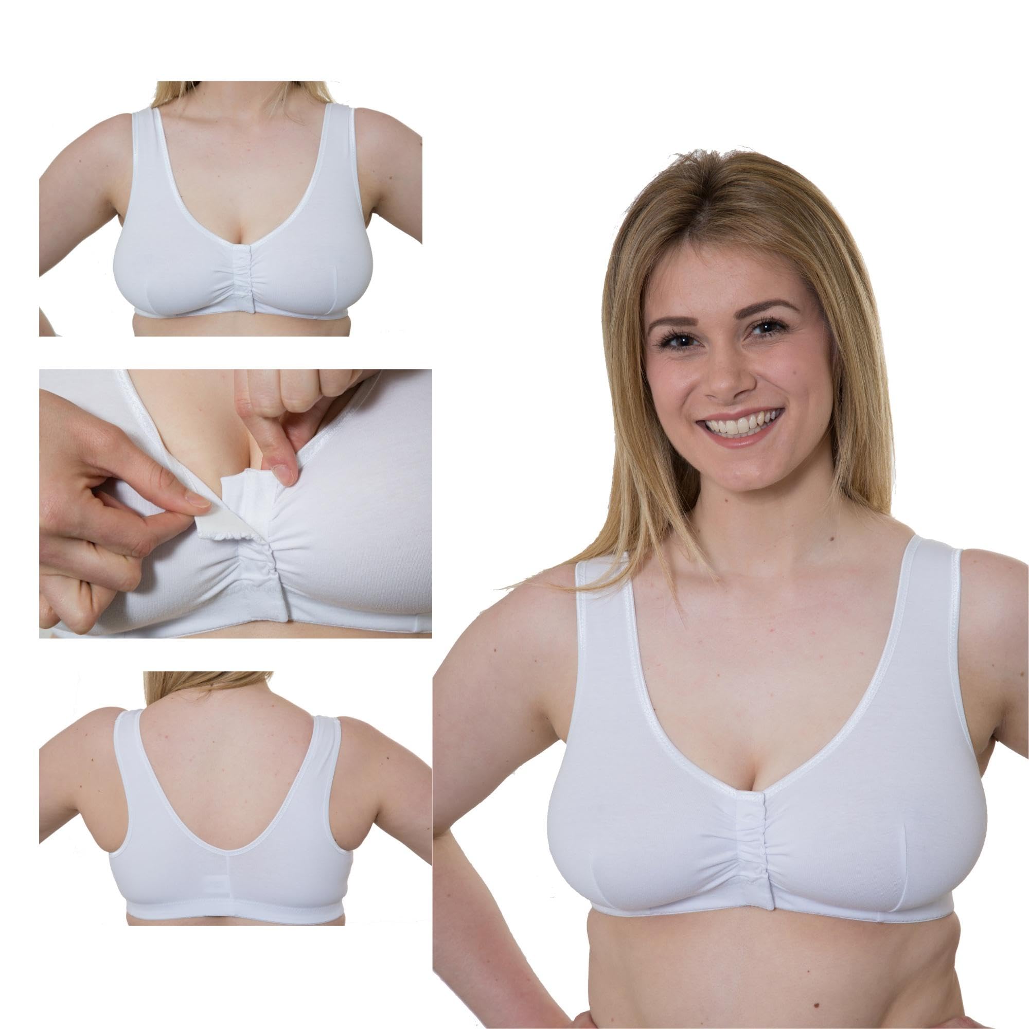 Vitality Care Front Fastening Bra for Women, Cotton Wireless Bra with Hook Loop Closure, Multi-Cup Fit B to DD, Light Support, Plus Size, White, Size 34