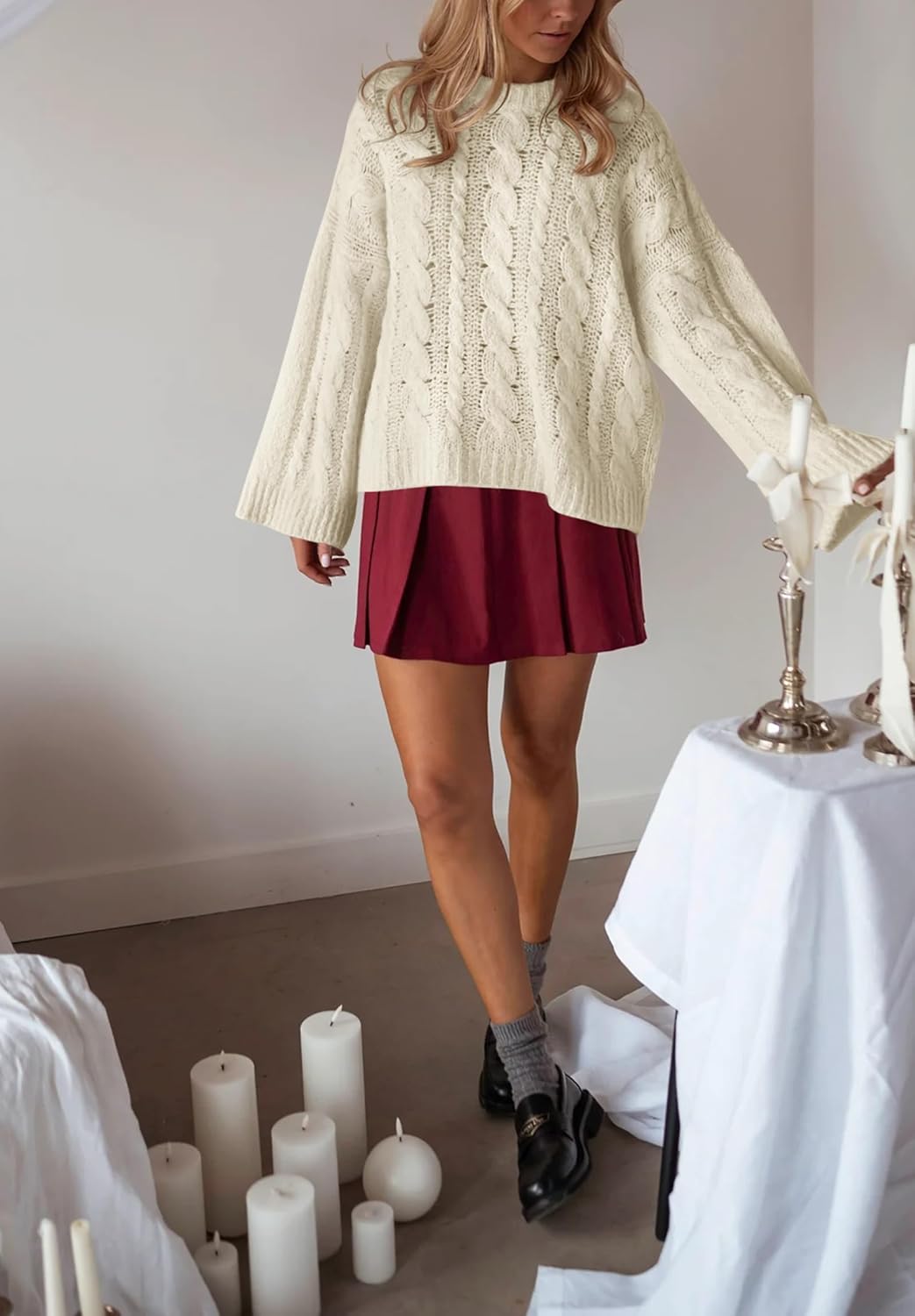 Women's Cable Knit Sweater Pullovers Crewneck Long Sleeve Oversized Y2k Vintage Fall Winter Cozy Chunky Sweaters - Image 4