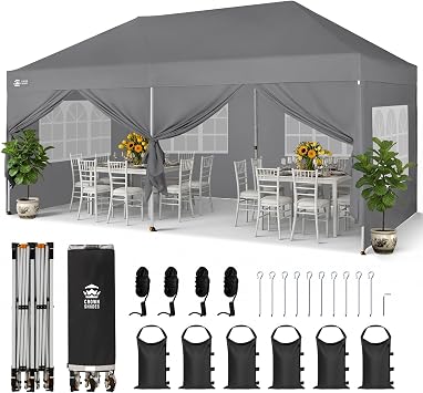 CROWN SHADES 10X20 Pop Up Canopy Tent with Sidewalls, Instant Setup, Gray