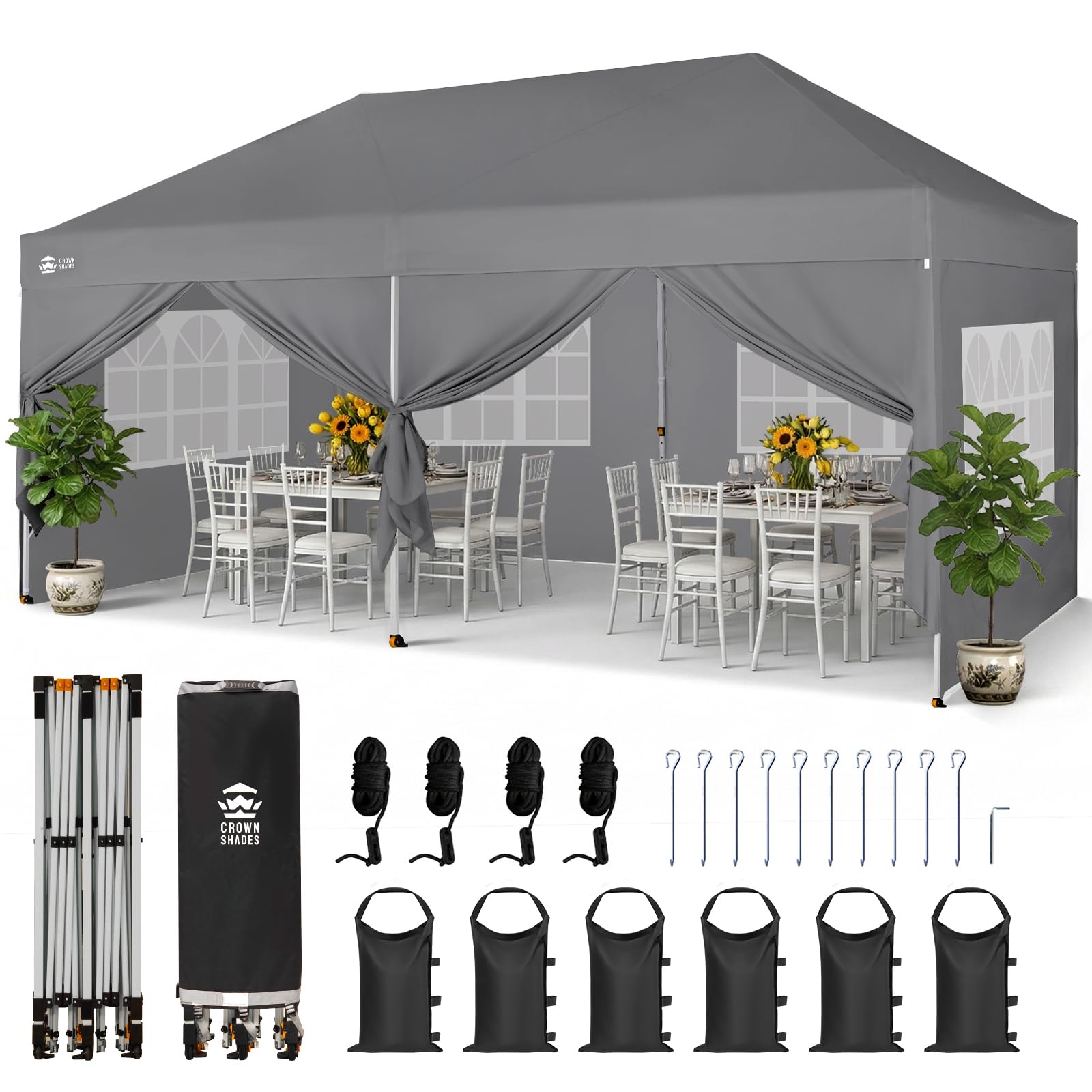 CROWN SHADES 10X20 Pop Up Canopy Tent with Sidewalls, Instant Setup, Gray