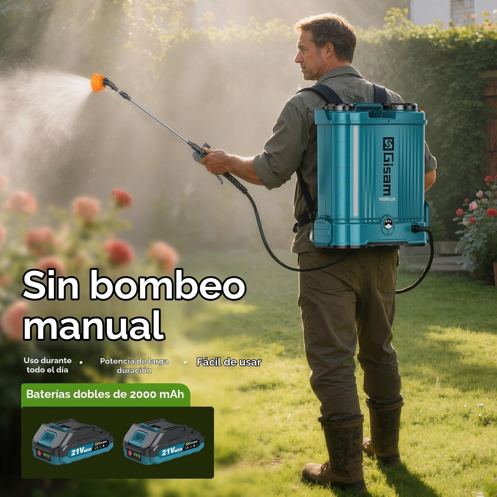 20L Pulverizador de Mochila a Presión con2*2.0Ah Batería Recargable, 120 PSI Pulverizador Electrico con 5 Boquillas Incluidas&Lanza de Acero Inoxidable para Jardín y Agricultura (Sky Blue)