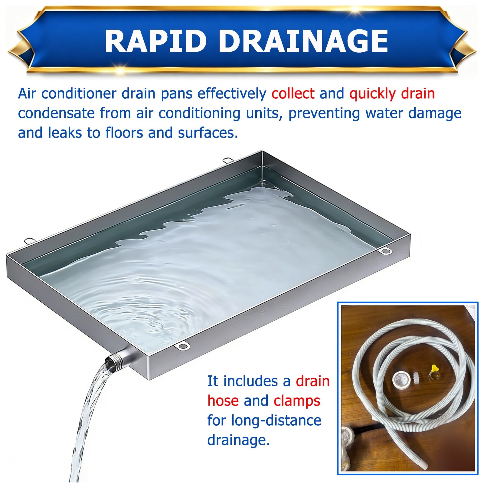 Bac de vidange extérieur 109,2 x 61 cm avec pince et tuyau de 3 m – Plateau collecteur d'eau universel pour systèmes CVC (convient aux unités de 40,6 à 119,4 cm) – Durable, design étanche