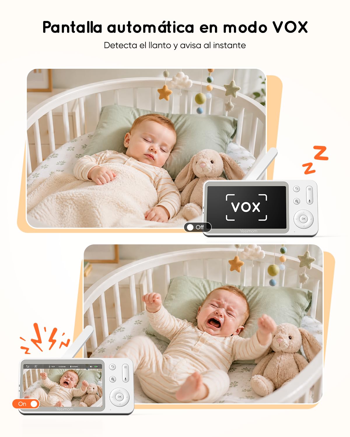 5” 2K/3MP Camara Vigilancia Bebe con App Movil, 360° PTZ Vigilabebes Control de Monitor y Movil, Detección de Movimiento, Detección Inteligente de llanto, Visión Nocturna, 4XZoom, VOX | Control por Monitor y App, Detección de Movimiento y Detección Inteli