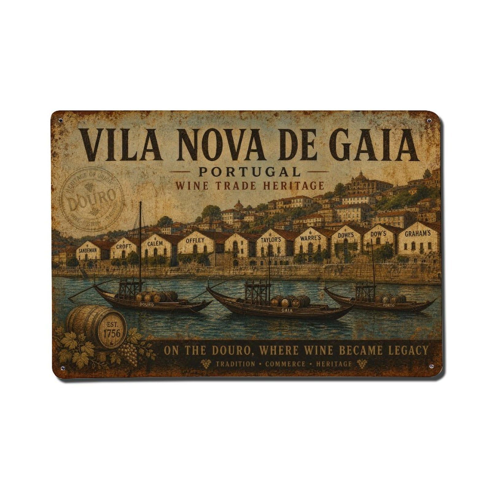 Yrnq 08X12inch Vintage Style Vintage Gaia Waterfront Wine Lodges Cellars Portugal Metal Tin Sign