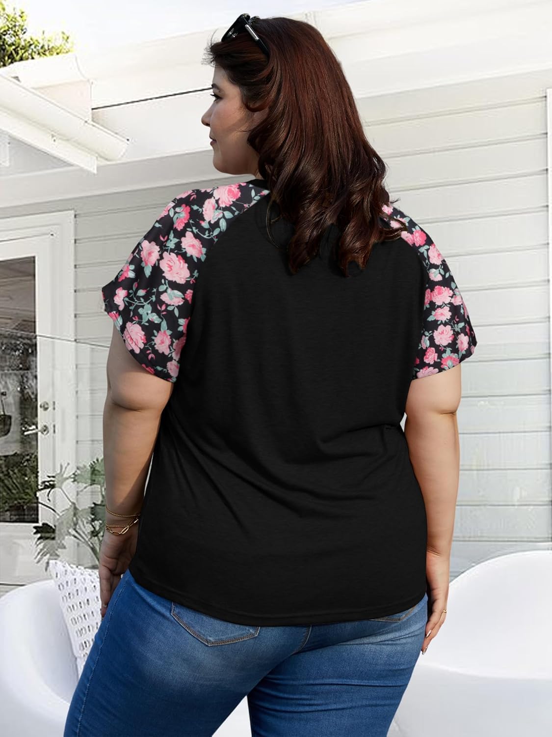 HDLTE Womens Plus Size Tops Floral Bell Sleeves Blouses Summer Crewneck Tunic Loose Casual T Shirts - Image 4