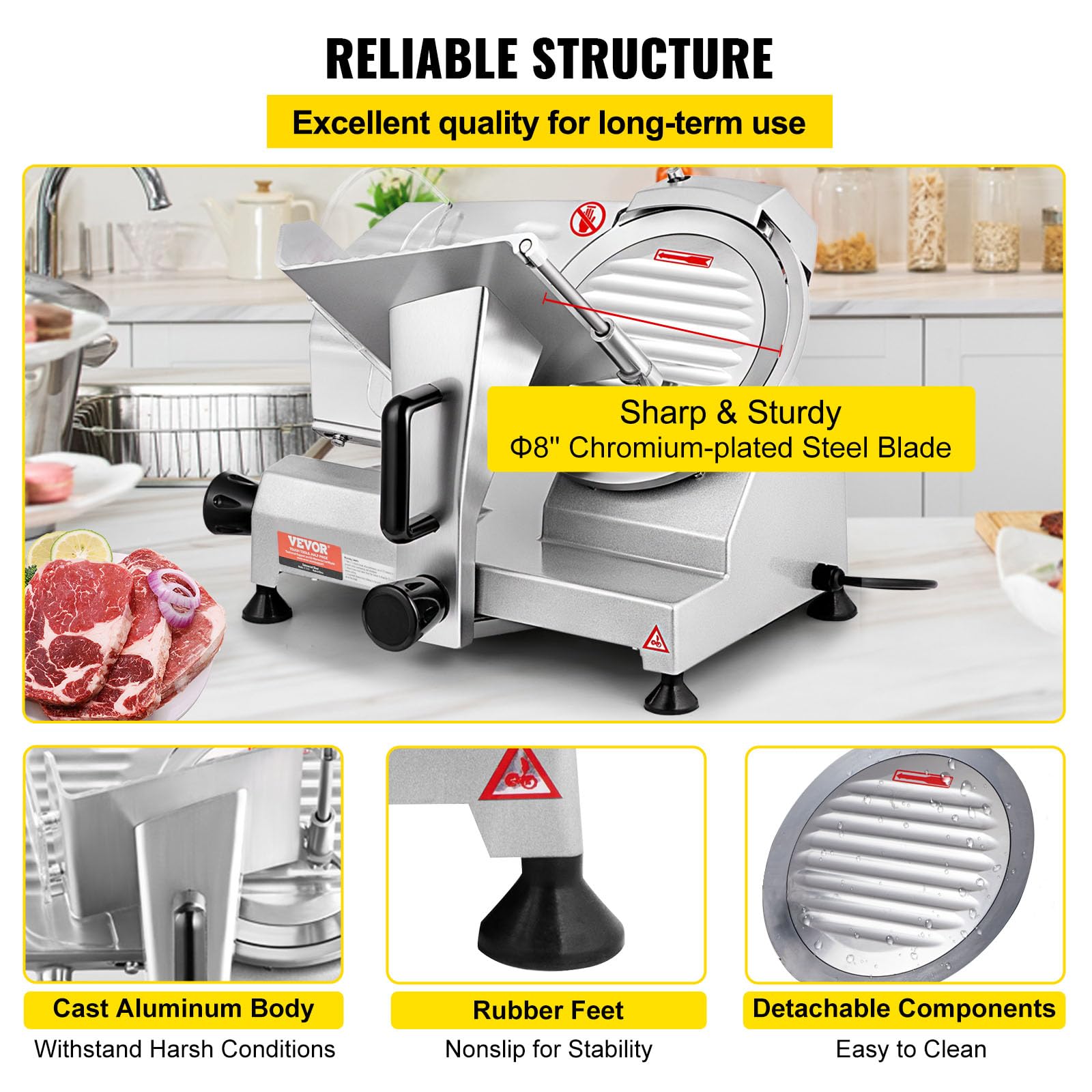 VEVOR Trancheuse Électrique Commerciale 200 W Trancheuse à Jambon Lame 203 mm 350-400 tr/min Trancheuse Charcuterie en Acier Inoxydable et Alu pour Couper en Tranches Viande Fromage Légumes Fruits