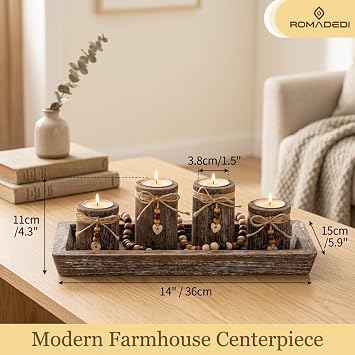 Romadedi Wood Tray with 4 Tea Light Candle Holders, Table Centerpiece