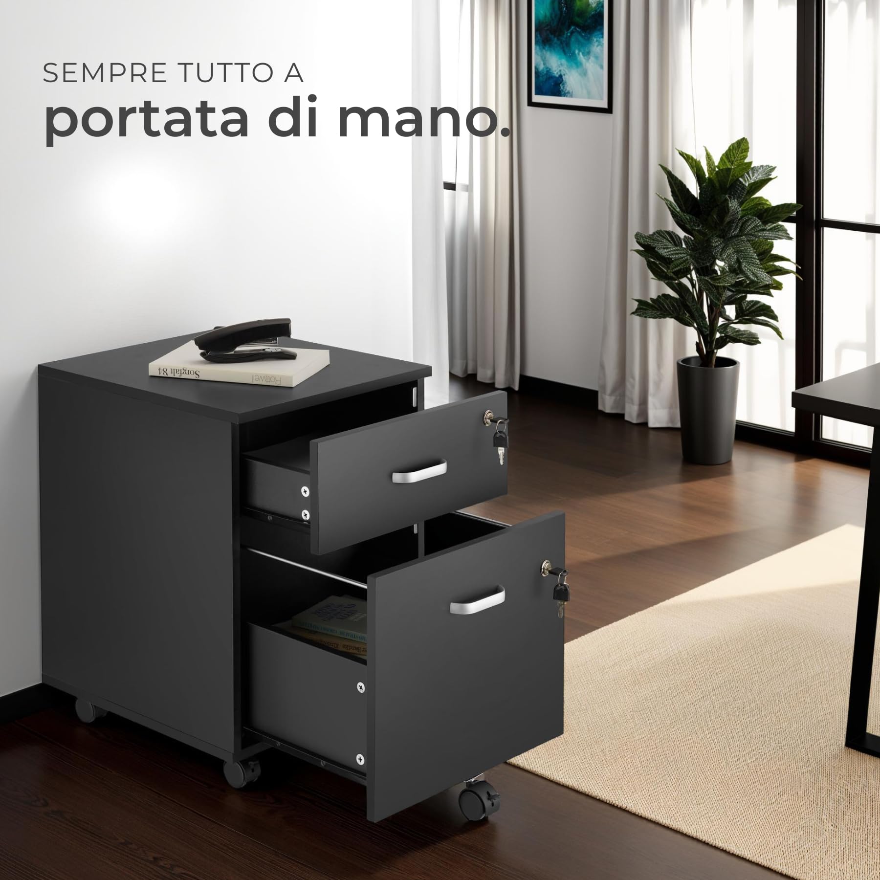 tectake® Cassettiera su Ruote, 2 Cassetti con Serratura per Documenti DIN-A4, Guide Telescopiche Scorrevoli, 5 Ruote Doppie Girevoli e Bloccabili, Maniglie in Metallo, Ufficio Accessori - Nero
