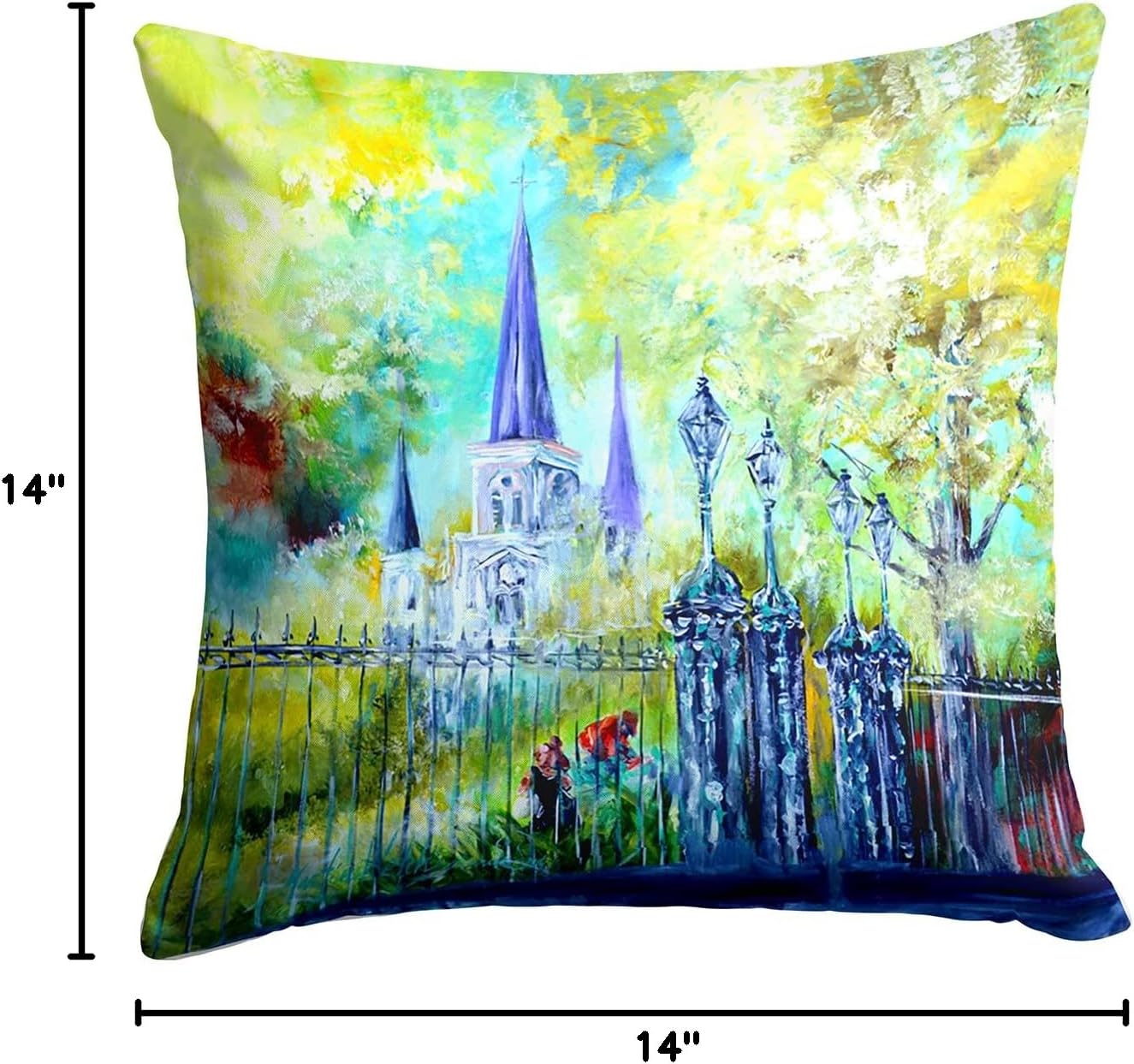 Caroline's Treasures MW1183PW1414 Across The Square St Louis Cathedral Fabric Decorative Pillow Machine Washable, Indoor Outdoor Decorative Pillow for Couch, Bed or Patio, 14Hx14W
